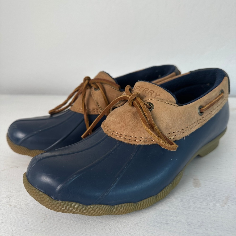 Sperry Duck Shoes Womens 7.5 STS85456 Navy Blue Tan Suede Rubber